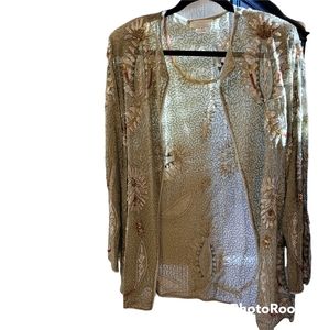 Lew Magram green, white, and gold cardigan/duster. Sequins throughout.